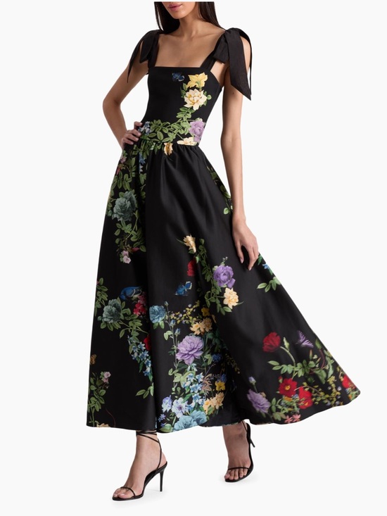 Alice + Olivia Dresses & Skirts - Alice & Olivia Oriana Drop-Waist Black Floral Tie-Shoulder Dress